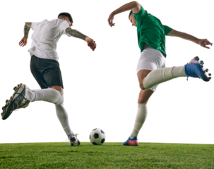 Player in white and player in green caught in moment of intense competition over ball on green lash playground against transparent background. Concept of sport, championship, movement. Ad