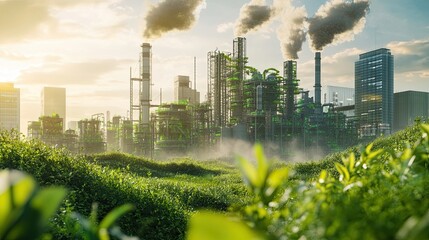 Carbon capture facility with advanced technology, towering capture towers, and vibrant green environment. Show the CO2 being converted into useful products.