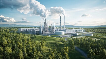 State-of-the-art carbon capture and storage facility in a verdant landscape, featuring modern technology and clear skies to represent effective emission reduction.