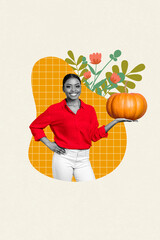Composite collage image of young female hold pumpkin thanksgiving day celebration holiday concept billboard comics zine minimal