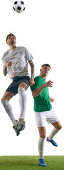 Two athletic men, soccer players in mid-air compete for ball on green lash playground against transparent background. Concept of professional sport, championship, final match, movement. Ad © Lustre Art Group 