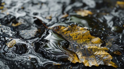Obraz premium A close-up of leaves floating on water, macro photography, black and yellow tones, ripples on the surface, raindrops, natural environment, high-definition photography, wide-angle lens water reflection