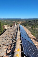 Solar panels on a tiled roof with a scenic view of the countryside.