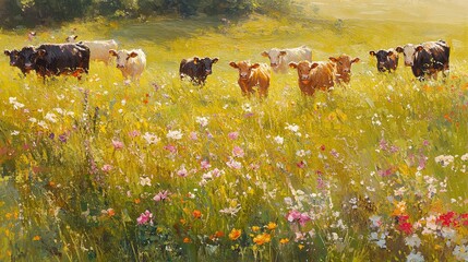 Serene Pastoral Scene with Cows in a Wildflower Field