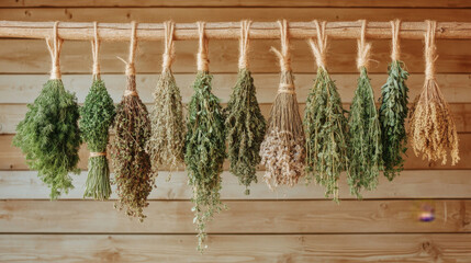 Dried herbs hanging in bundles create rustic and aromatic display, showcasing variety of textures and colors. This arrangement adds natural touch to any space