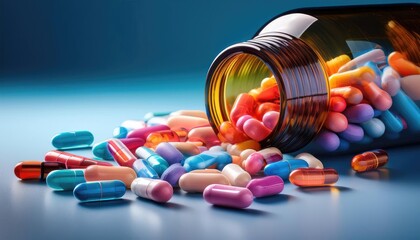 Colorful pills spill out of a bottle