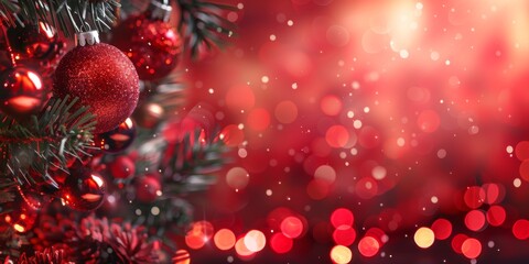 A beautiful Christmas tree adorned with red ornaments and twinkling lights, showcased against a warm, red bokeh background. Ideal for holidaythemed designs and festive celebrations