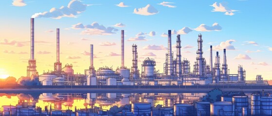 Naklejka premium Industrial Refinery at Sunset with Reflections in Water and Vibrant Sky