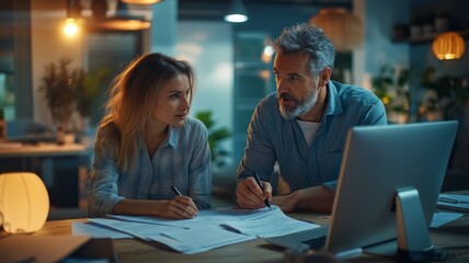 Business Colleagues Collaborating on Project in Modern Office During Evening Hours