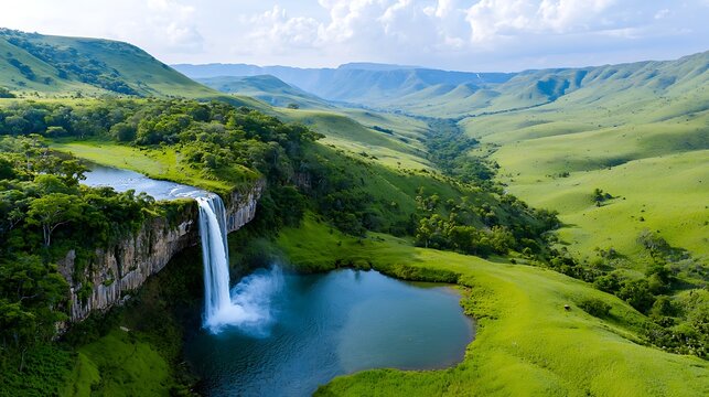 Towering waterfall cascading into a lush green valley, beautiful natural scene with ample space for text, high-end national geographic photography, deep depth of field