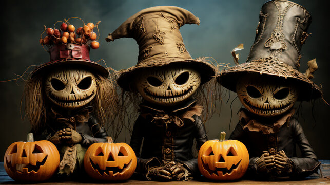 Creepy figures with carved pumpkins on Halloween