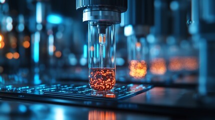 Laboratory flasks with colorful liquids and bokeh lights. Ideal for chemistry, scientific research, and lab themes.