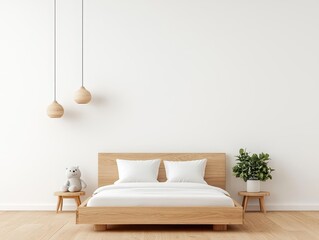 Minimalist kids' bedroom with a wooden bed, soft lighting, and a spacious, open layout, modern kids' room, spacious design