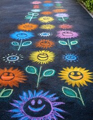 Obraz premium Chalk drawings of flowers on sidewalk