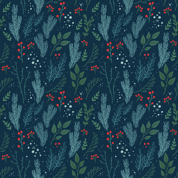 Christmas winter floral seamless pattern. New Year's decor. Festive pattern for your design.