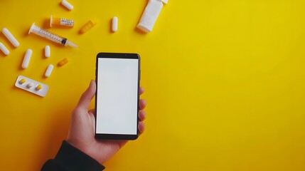 a cell phone holding a pill on a yellow background