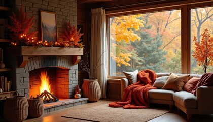 Cozy autumn living room with a fireplace, warm blankets, and a view of colorful autumn leaves through the window