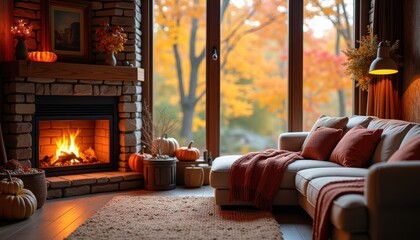 Cozy autumn living room with a fireplace, warm blankets, and a view of colorful autumn leaves through the window