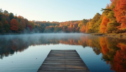 Serene autumn lake with a wooden pier extending into the water and colorful trees reflecting in the calm surface