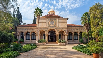 Obraz premium A grand building with arches, a dome, and lush greenery in a serene setting.