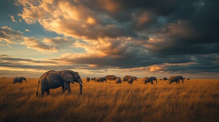 A herd of elephants grazing in a golden savanna under a dramatic sky at sunset.