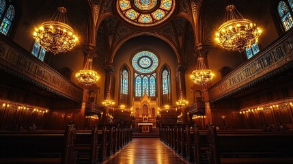 Fototapeta premium A grand interior of a church with stained glass, chandeliers, and wooden pews.