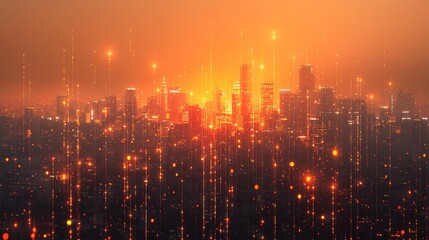 Futuristic Smart City Skyline with Data Flow and Network Connections at Sunset Urban Innovation