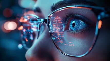 Macro image showcasing a person's eye with reflections of graphs and data on the glasses lens
