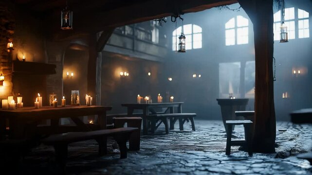 Rustic medieval tavern interior bathed in warm firelight. Wooden tables and benches scattered across stone floor. Arched windows let in moonlight. 