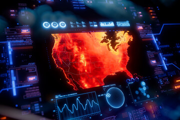 Extreme heat in U.S. Temperature map on digital lcd display with reflection. Concept of climate change, global warming forest fire and extreme temperature. Elements of this image furnished by NASA