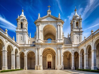 Obraz premium Majestic white stone wall surrounds grandiose church with symmetrical arches forming outdoor arcade, majestic columns towering above, evoking sense of historic architectural grandeur.