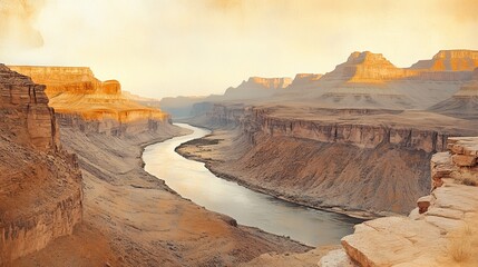 The Colorado River cutting through the Grand Canyon, captured as a hand-drawn sketch, minimalistic lines, with watercolor washes of soft earth tones, Sketch, Watercolor