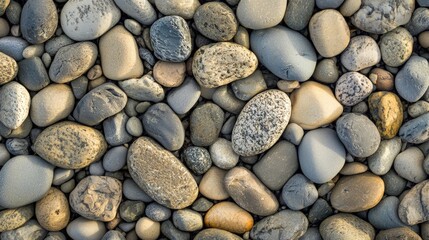 A captivating mosaic of smooth river stones scattered across a sunlit riverbank
