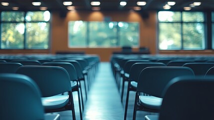 Empty defocused university classroom with chairs and tables 