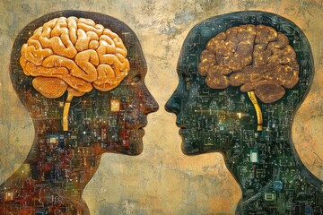 Two abstract human profiles with visible brains and digital circuits symbolizing the cognitive fusion between biology and technology through advanced neural networks