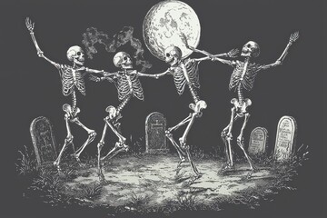 Spooky dancing skeletons under moonlight, Halloween scene