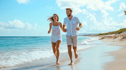Young couple joyfully running hand in hand along a sunny beach shoreline during a bright summer day