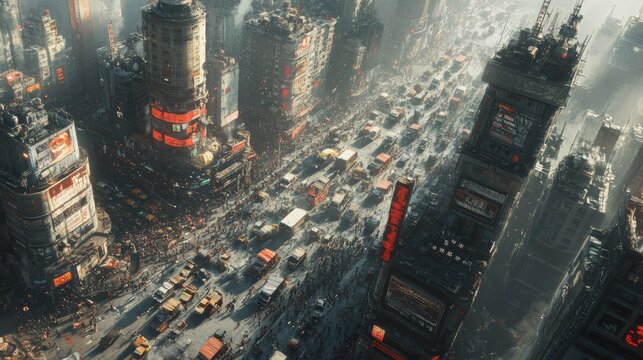 Bird's-eye view of a crowded urban area, chaotic traffic, market scenes, surreal architecture blending traditional and futuristic elements, fantasy style, digital painting