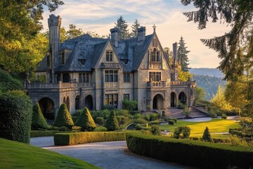 Obraz premium A grand mansion surrounded by lush gardens and trees at sunset.