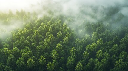 Fototapeta premium Overhead shot of a mist-covered tropical forest, lush green treetops reaching towards the sky, detailed textures and soft shadows, Fantasy, Illustration, Earthy tones with light haze