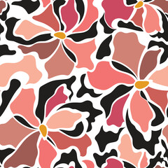 Abstract floral pattern. Trendy hand drawn flowers in doodle paint and black ink style. Contemporary design in Earth tone palettes for fabric, cover, background, banner, home decor, wallpaper, print.