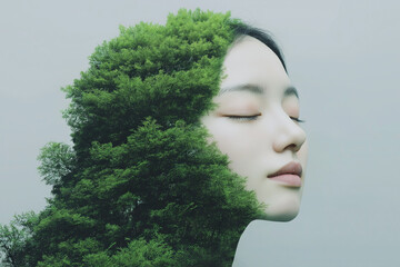 Surreal metaverse avatar of asian woman mixed with lush tree