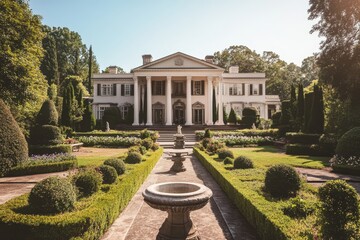 Obraz premium A grand mansion surrounded by manicured gardens and lush greenery.