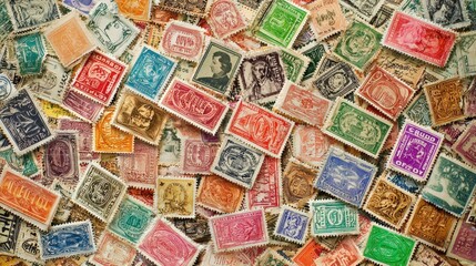 A vibrant collection of historical postage stamps from around the world displayed beautifully