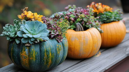 Hollowed pumpkins used as planters for flowers and succulents, autumn decor