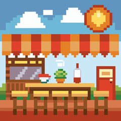 Pixel Art Cafe Scene with Outdoor Seating and Bright Sun