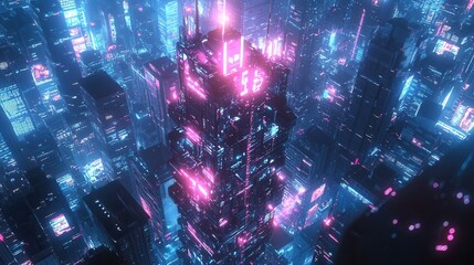 Futuristic Cityscape with Neon Lights and Skyscrapers