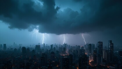 Fototapeta premium Dark storm clouds loom over a city with lightning dramatically cutting through the sky, creating an intense and electrifying atmosphere