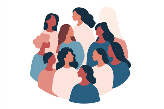 Group of diverse women showing unity and strength, illustrated in a modern graphic design style, conveying empowerment and connection