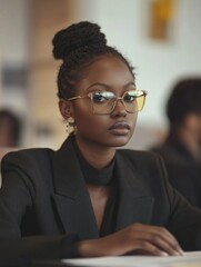Obraz premium Professional Woman in Eyeglasses Sitting at a Table